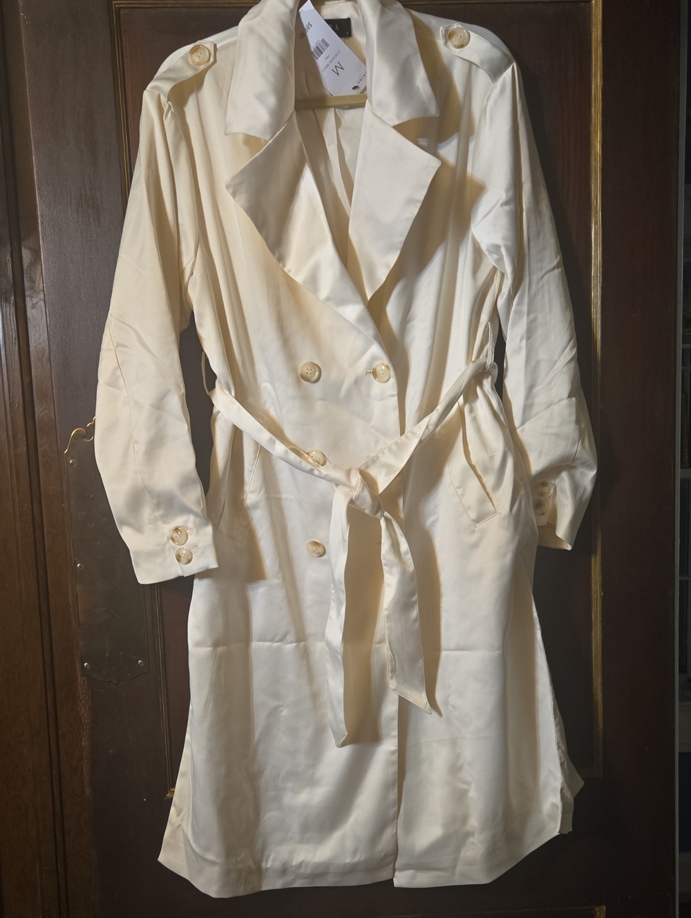 Fall Wedding ? Dressy Formal.Soft Cream Satin Trench.  Belted, Lined, Side Slits